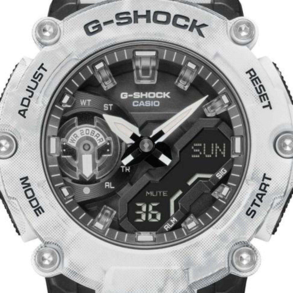 Men's dual-display watch close-up: white case, black dial, raised hour markers