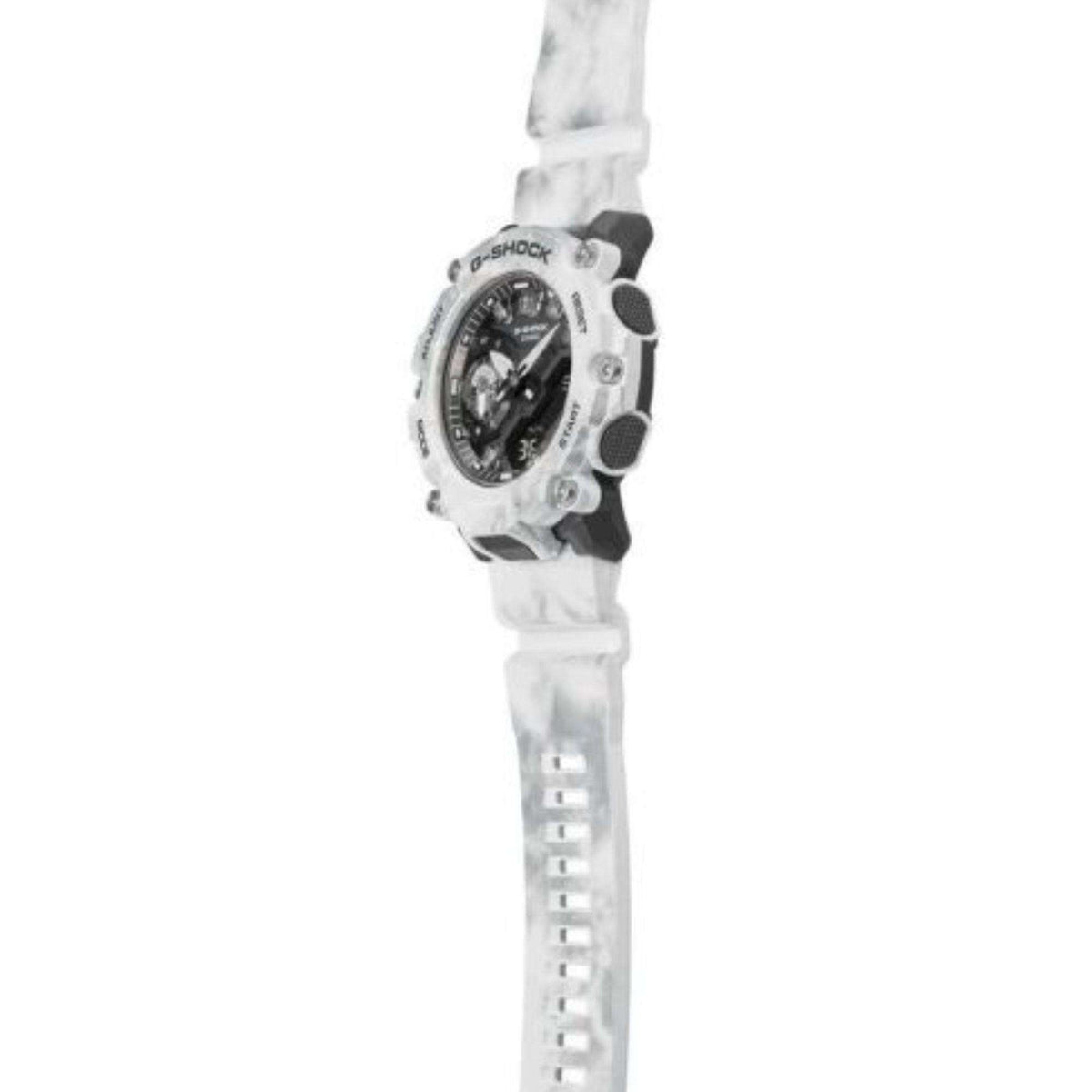 Men's dual-display sport watch side view with white resin strap and black bezel