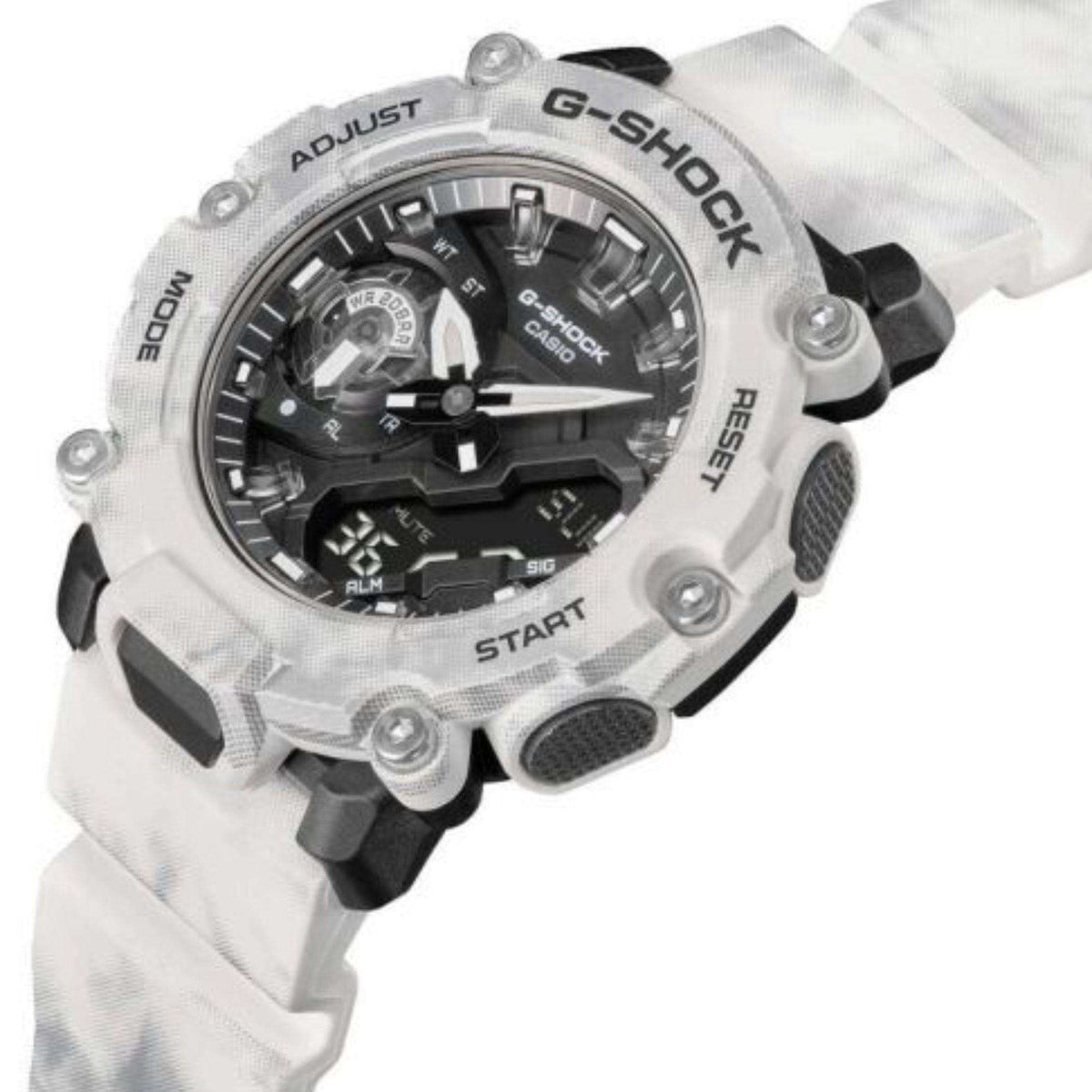Men's dual-display watch angled view with white case and black multi-function dial