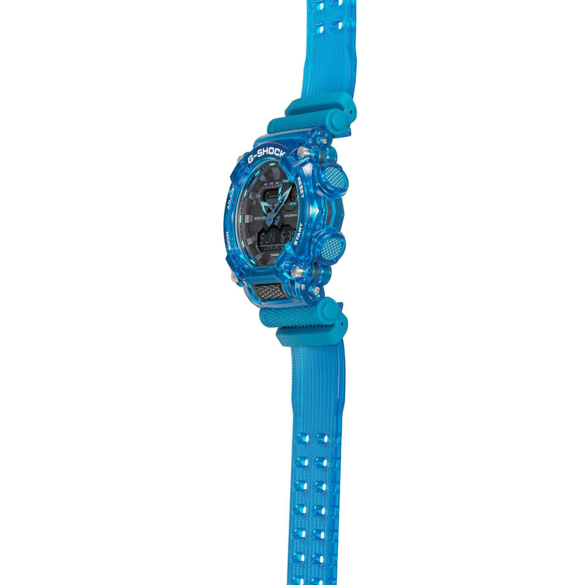 Blue Casio G-Shock watch on blue resin strap, side view