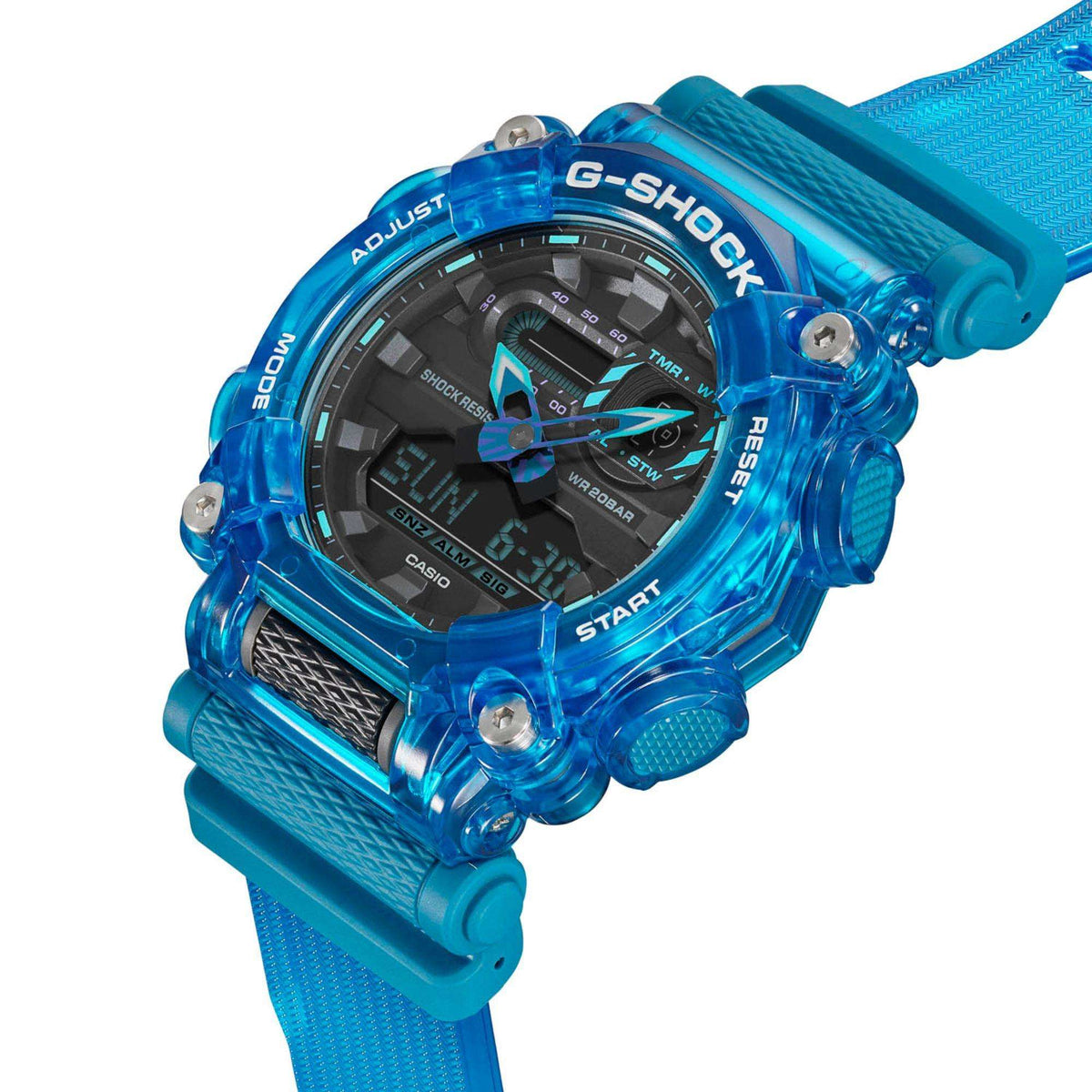 Blue Casio G-Shock skeleton watch with open-frame bezel and black dial, angled view
