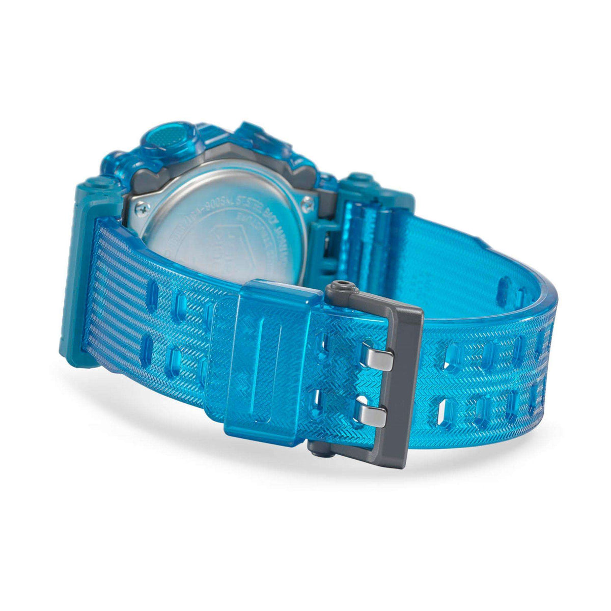 Blue Casio G-Shock resin watch strap with metal buckle clasp, underside view