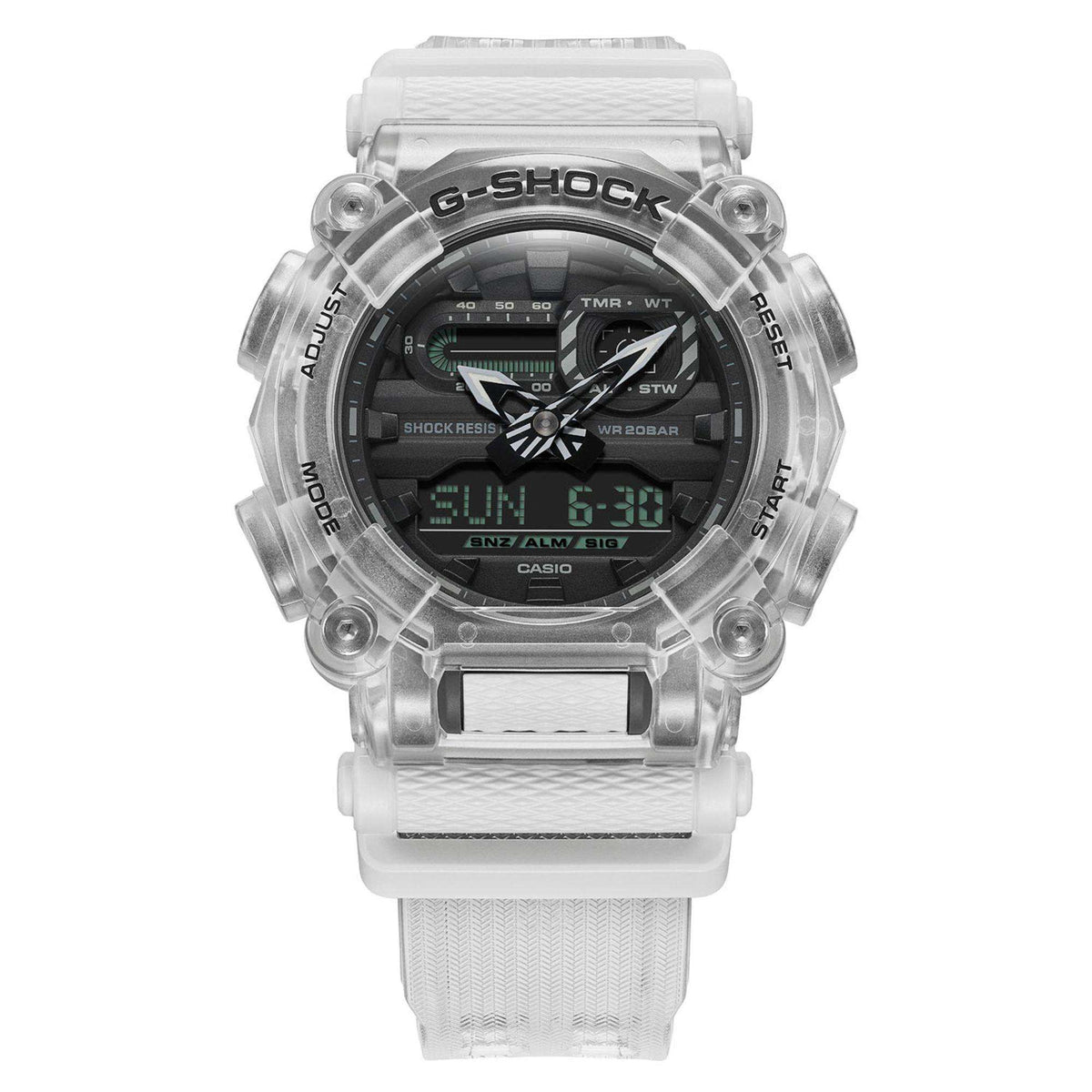 Translucent Casio G-Shock digi-analog watch with white resin strap, black dial
