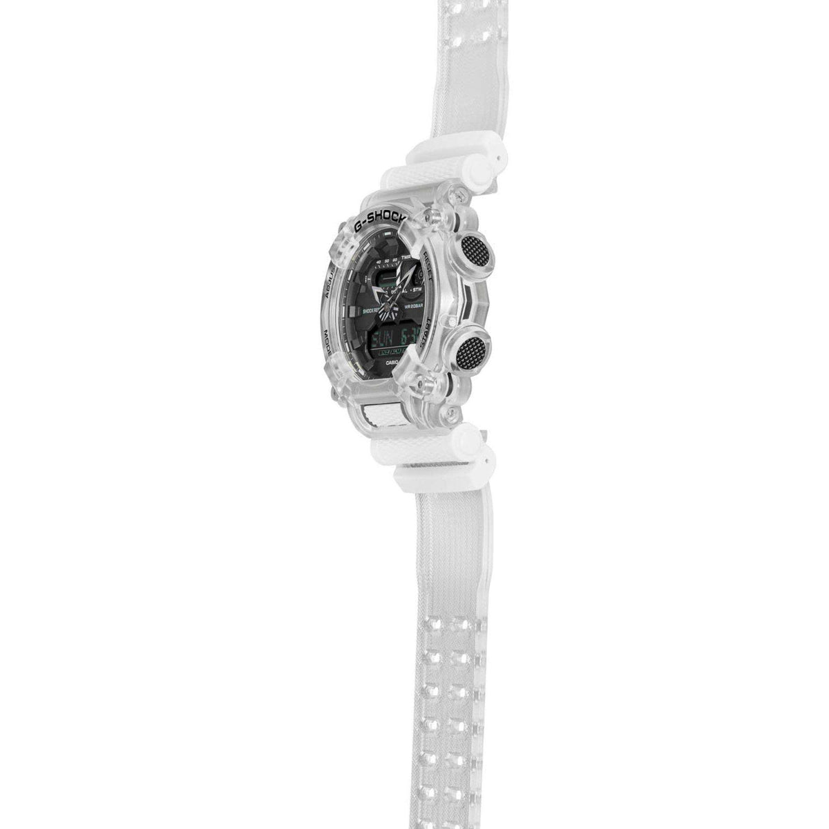 Translucent Casio G-Shock watch with white resin strap, side profile