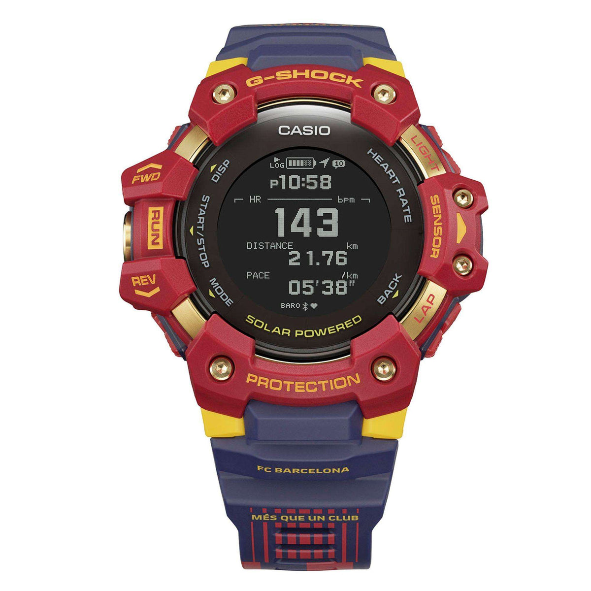 Men's G-Shock smartwatch with red case, black display, and blue resin strap