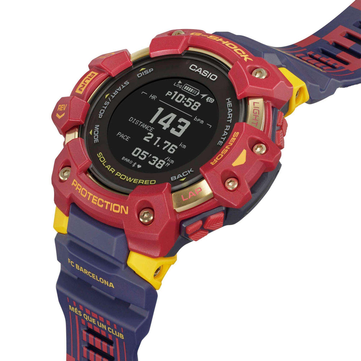 G-Shock smartwatch front with round digital display and protective red bezel