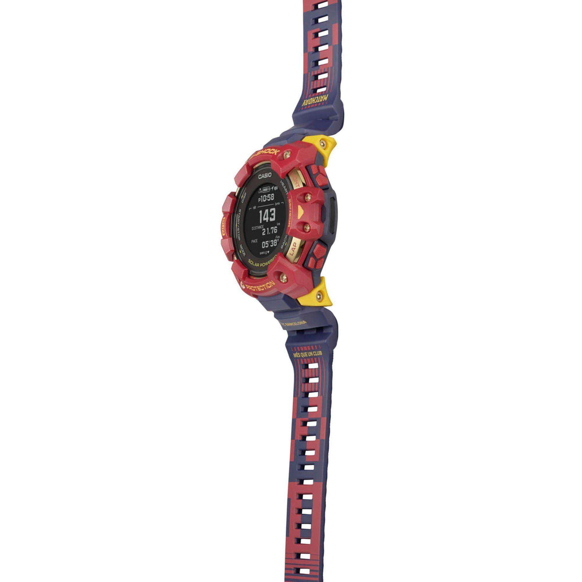 Men's Casio G-Shock smartwatch with blue, red, and yellow resin strap