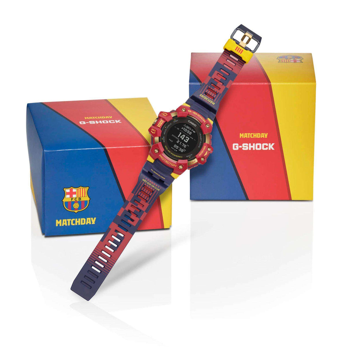 G-Shock smartwatch with Matchday packaging boxes featuring FC Barcelona crest