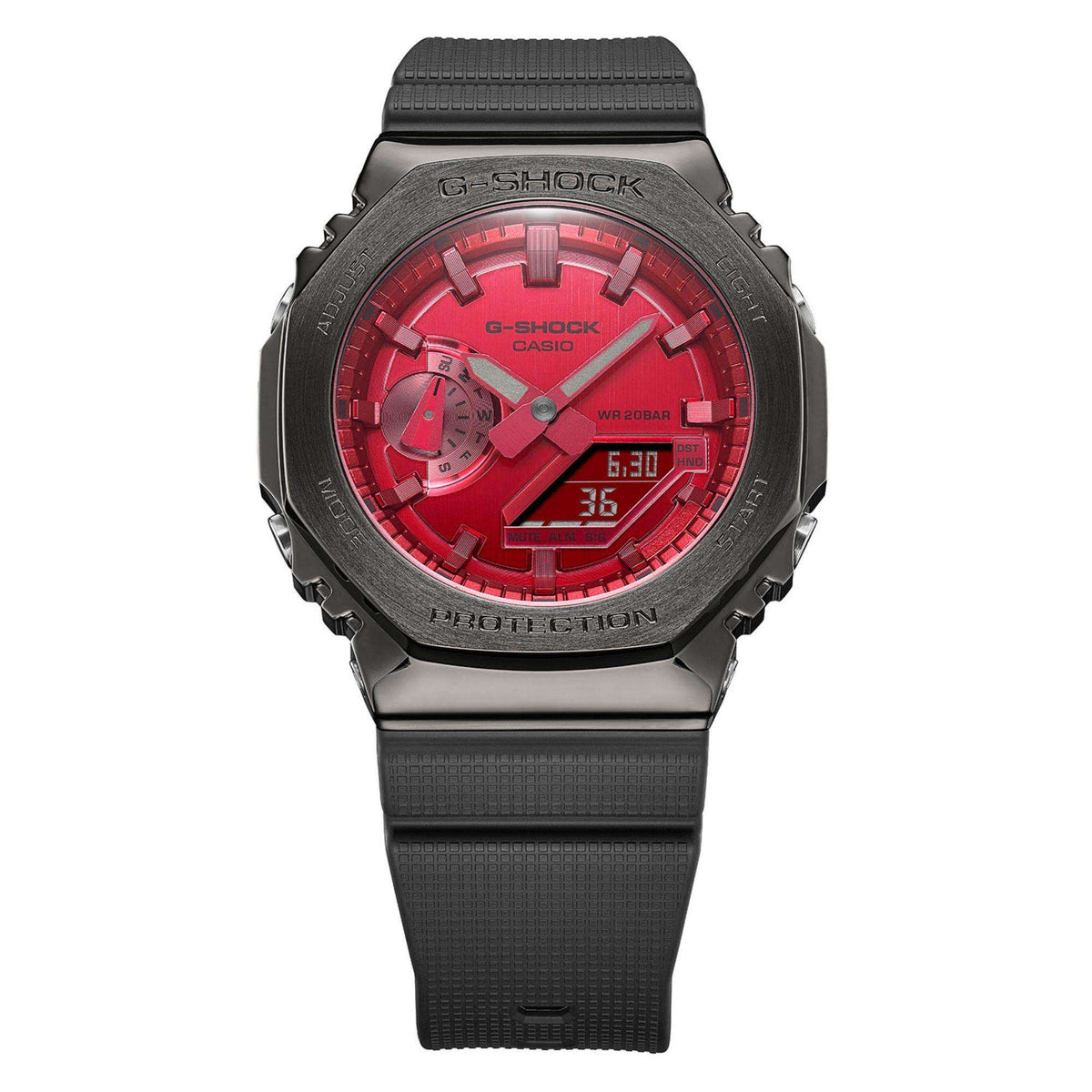 Casio G-Shock chronograph watch, red dial details, black resin strap
