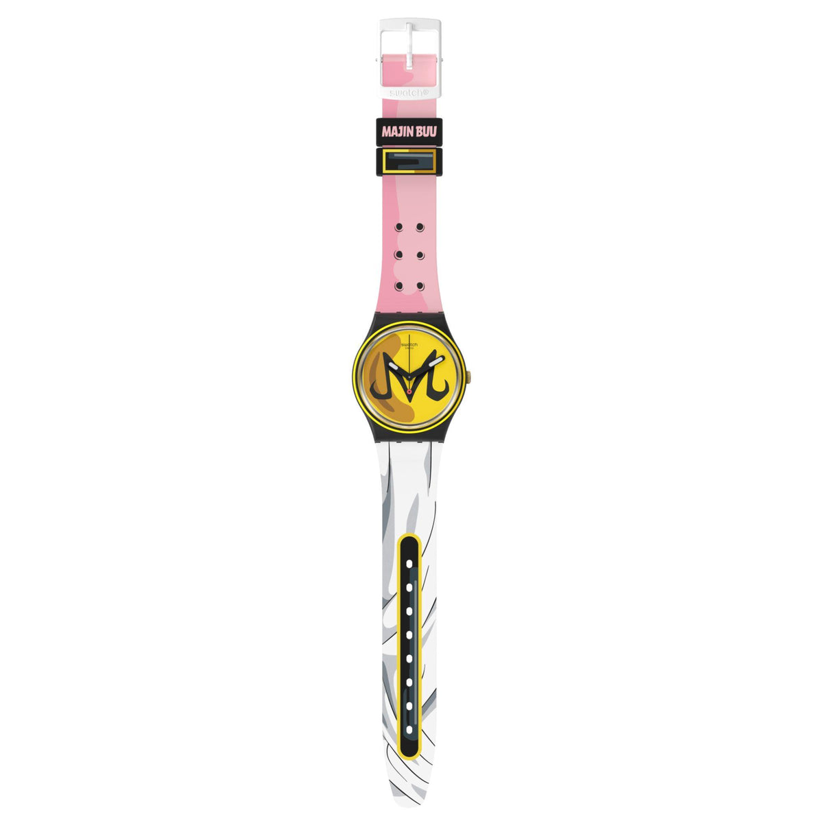 Quartz wristwatch with yellow face, pink silicone strap, and metal buckle