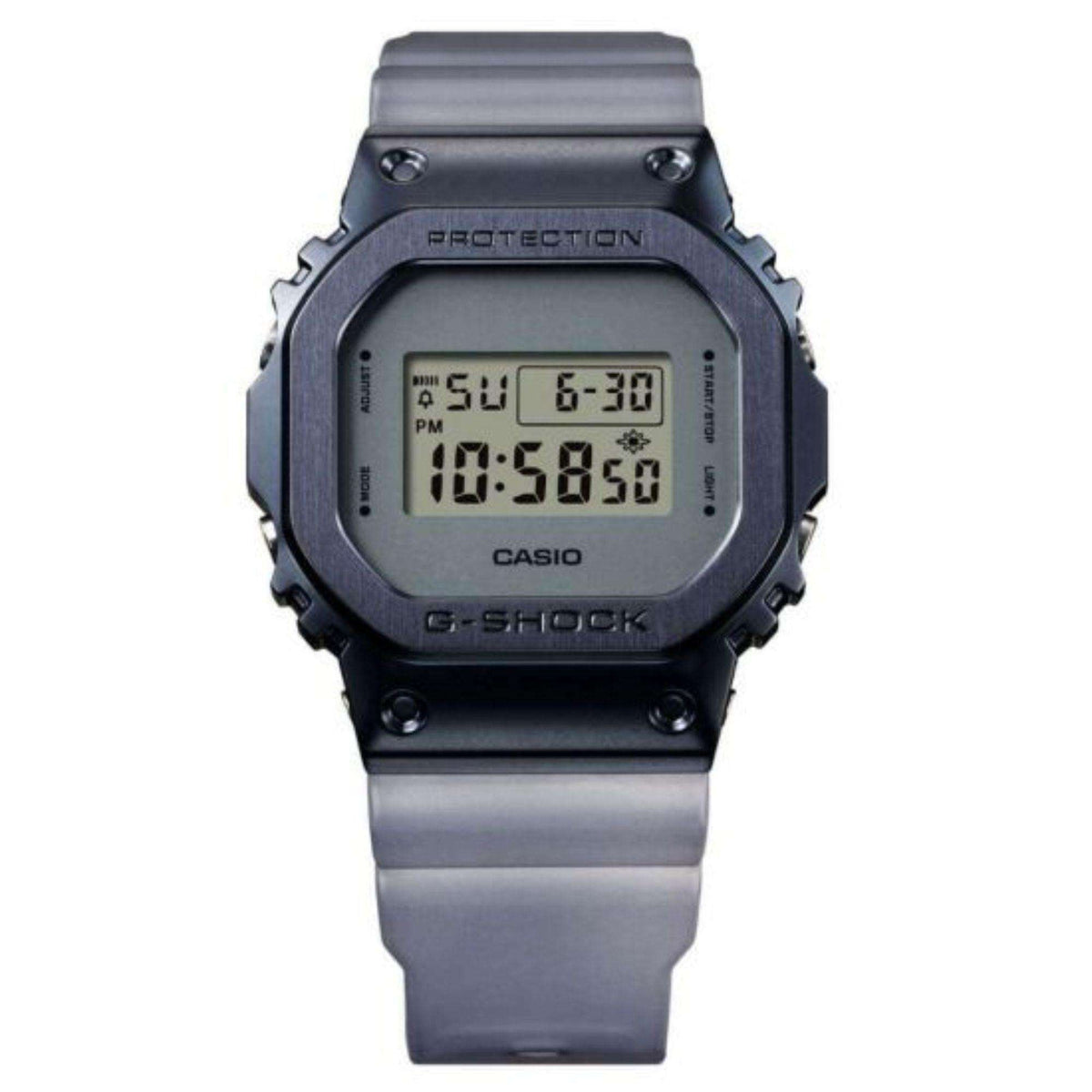 Casio G-Shock digital quartz watch with grey resin strap, dark metal bezel, LCD display