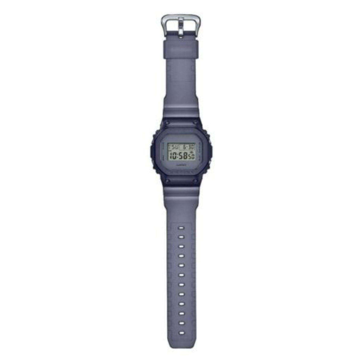 Casio G-Shock digital quartz watch side view with dark grey resin strap and buckle