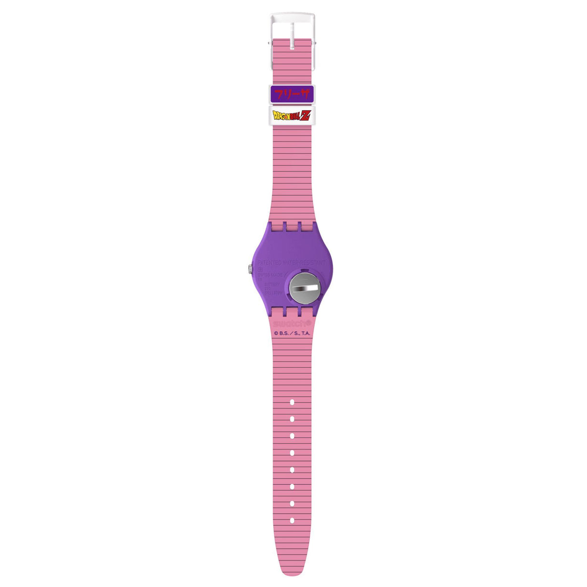 Pink and purple silicone strap wristwatch with a round purple case and crown detail.