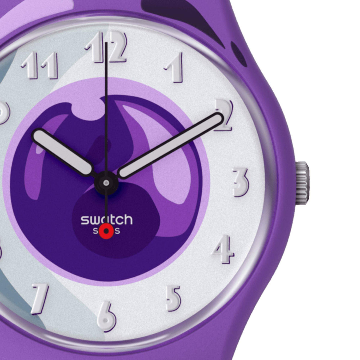 Close-up of purple wristwatch dial with silver hour markers and hands over Frieza art.