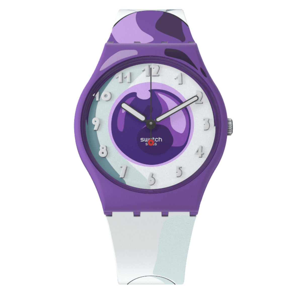 Purple camo dial wristwatch with silver hands, purple case, and white silicone strap.