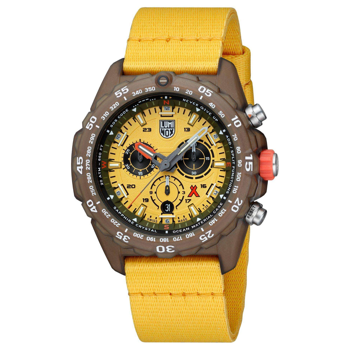 Men's sports watch with yellow dial and brown case, on yellow fabric strap
