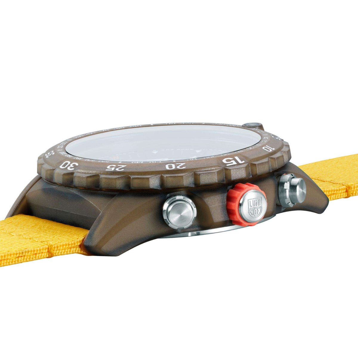 Men's sports watch side view with metal pushers and yellow fabric strap