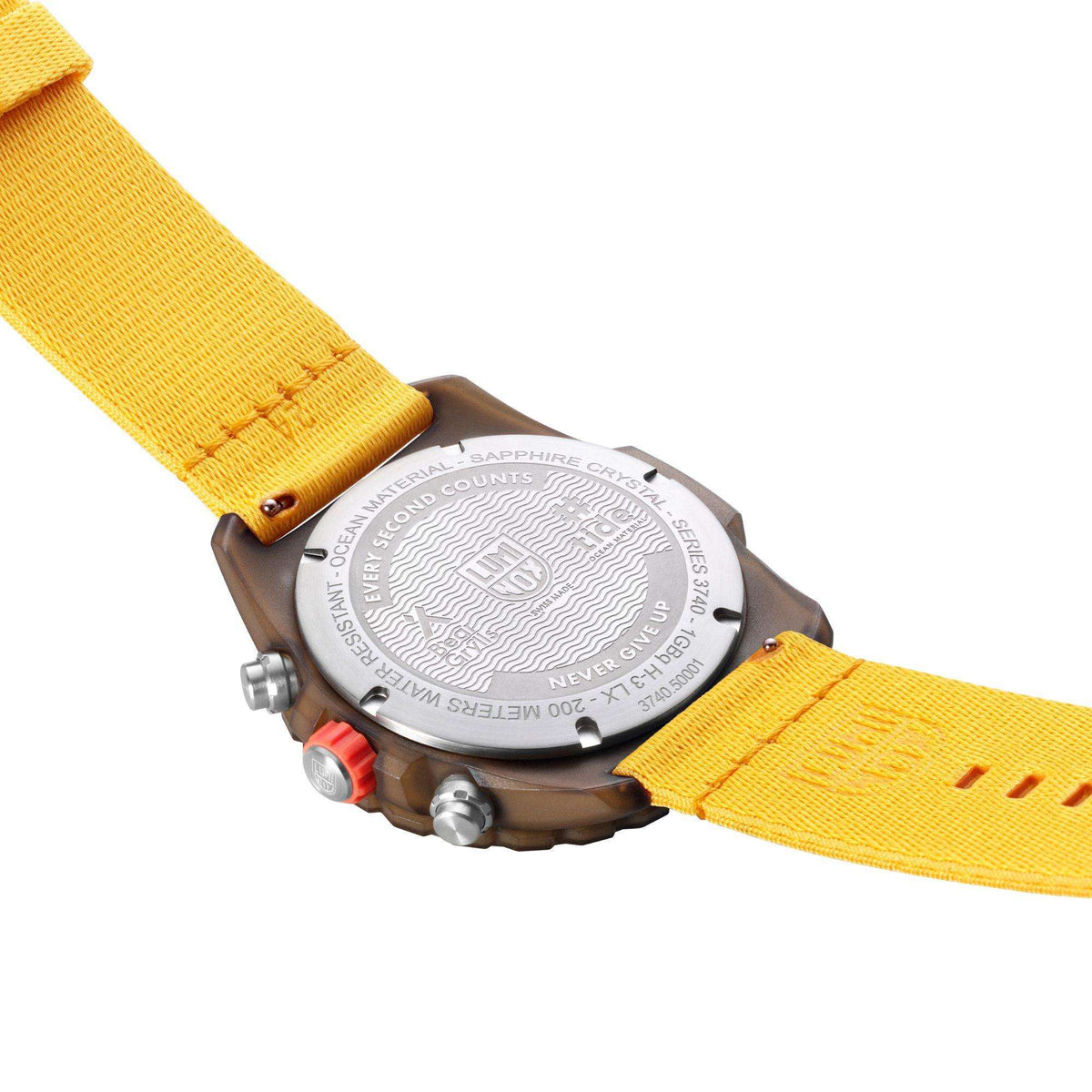 Men's watch back view with case markings and yellow fabric strap
