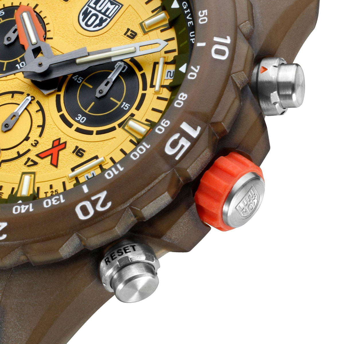 Men's watch close-up of right-side controls and orange push button