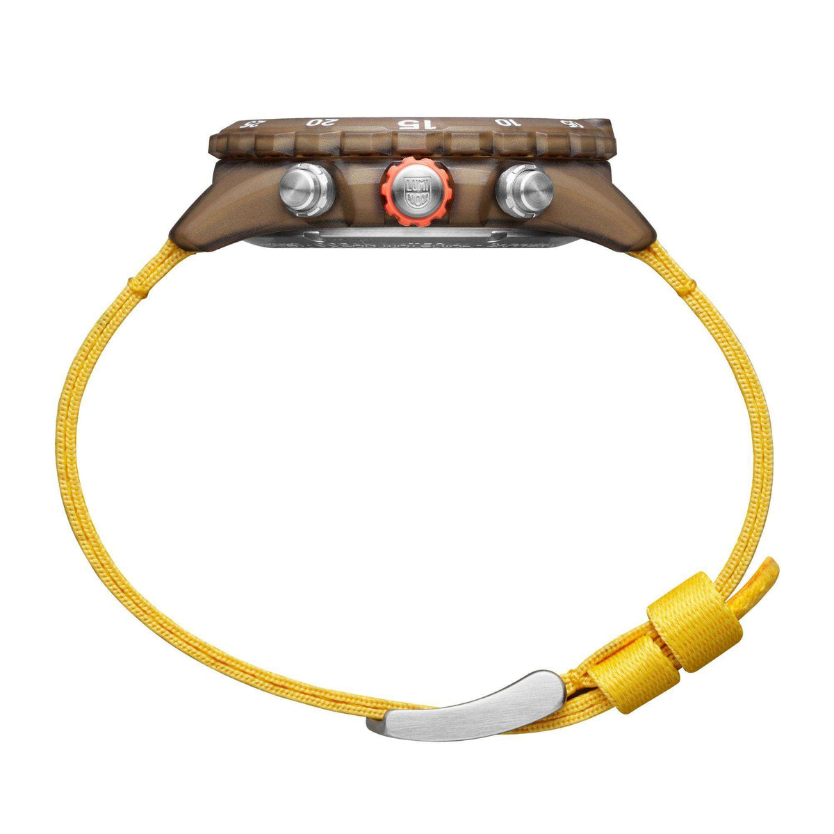 Men's watch with yellow fabric strap and metal buckle, side view