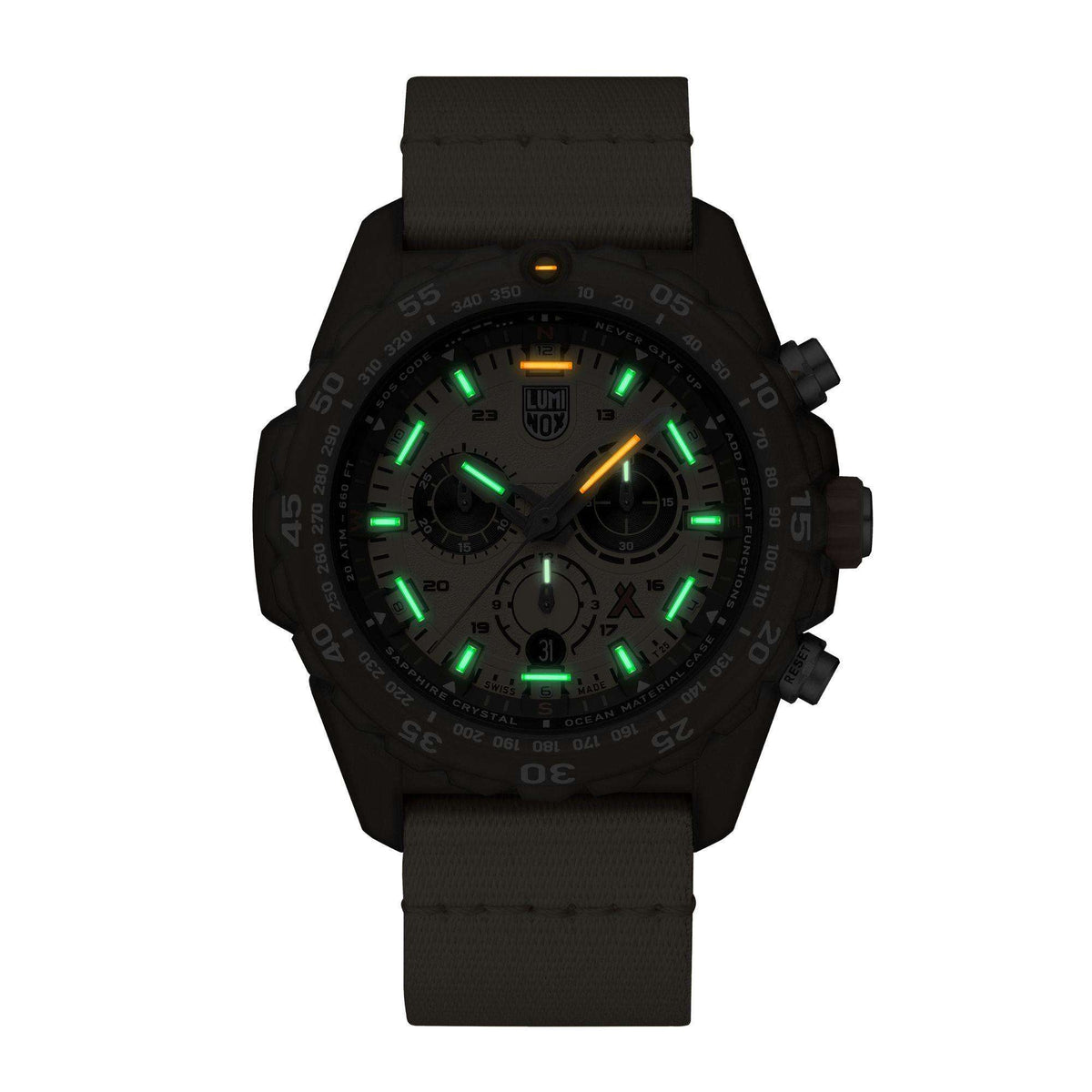 Men's sports watch with black dial, black case, and black fabric strap