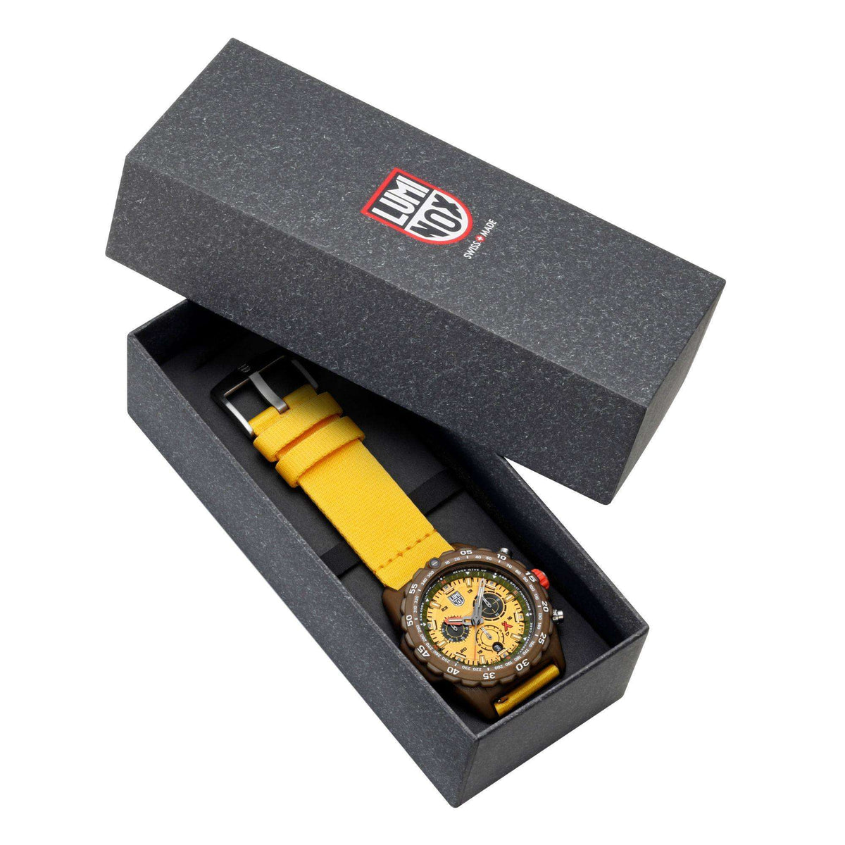 Men's watch in open gift box with yellow fabric strap