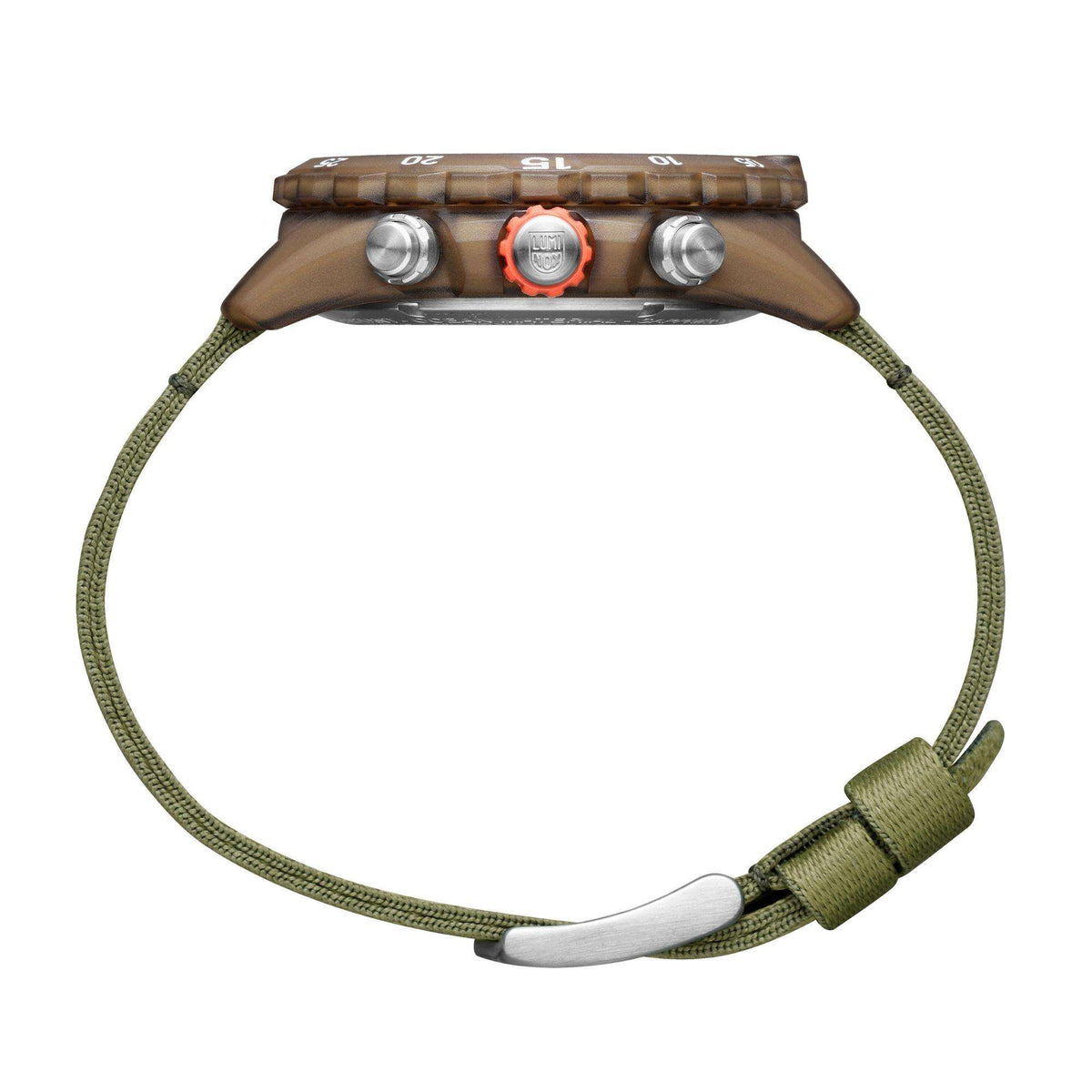 Chronograph watch front view with three pushers, orange crown, and olive fabric strap.