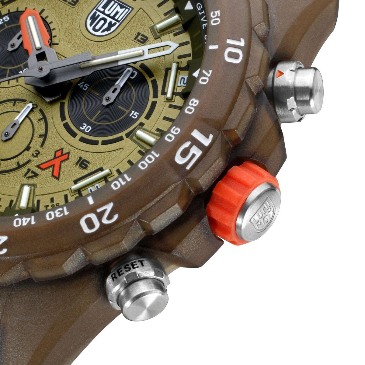 Chronograph watch detail with orange and silver buttons and engraved bezel numbers.