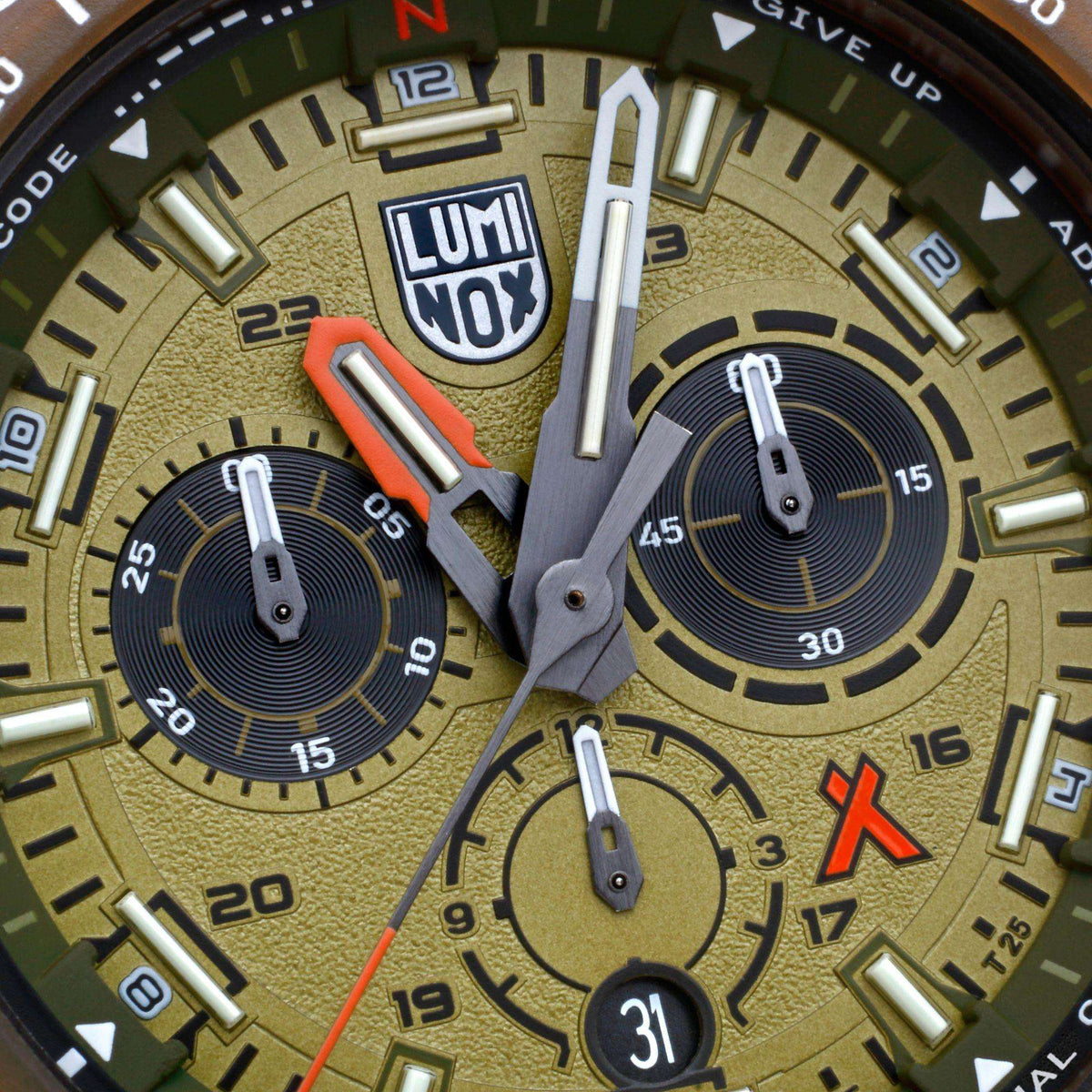 Chronograph dial with LUMINOX NOX emblem, subdials, and orange accent hands.