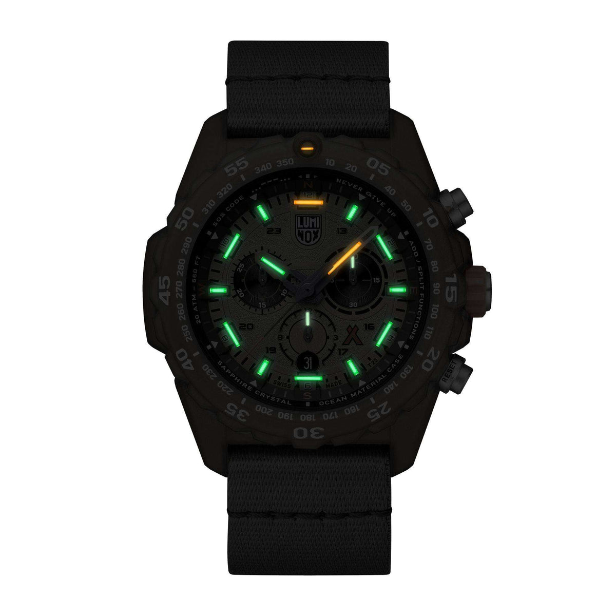 Black chronograph watch with black fabric strap and green luminous dial markers.