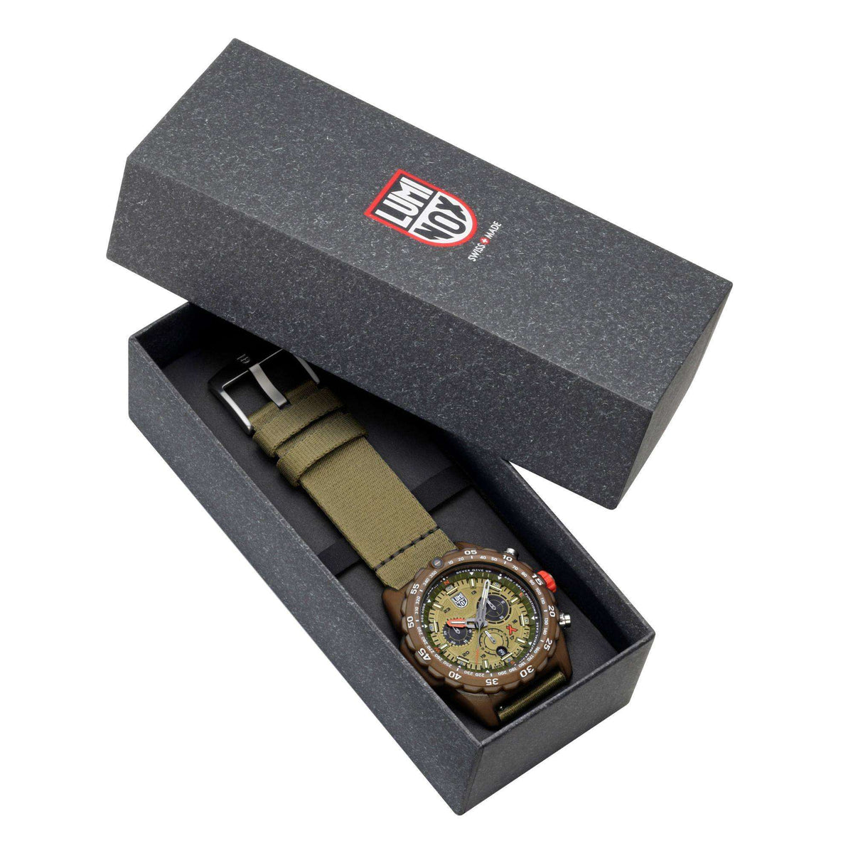 Men’s chronograph watch in open gray gift box with olive fabric strap.