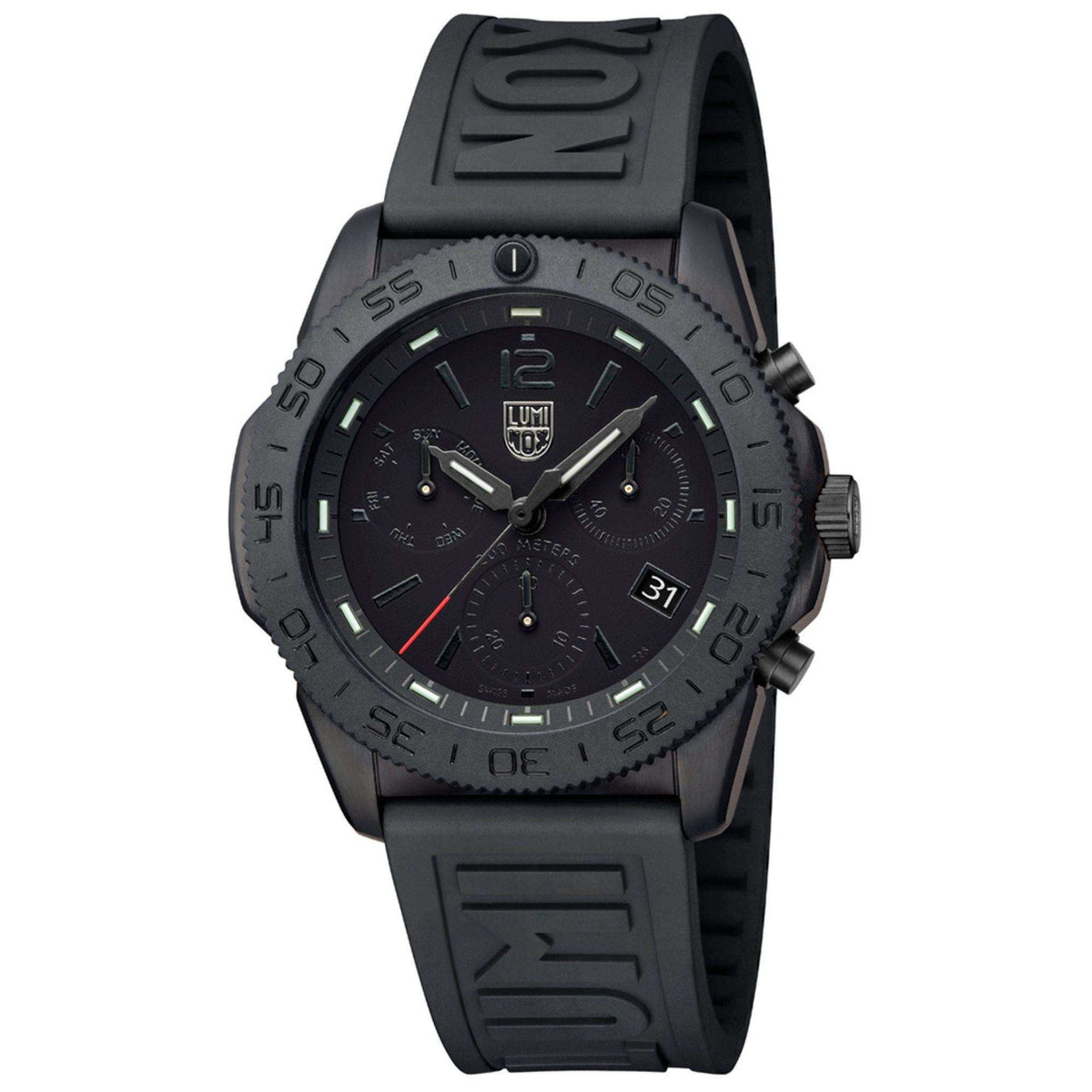 Black rubber diver chronograph watch with bezel scale, crown, and date window at 31