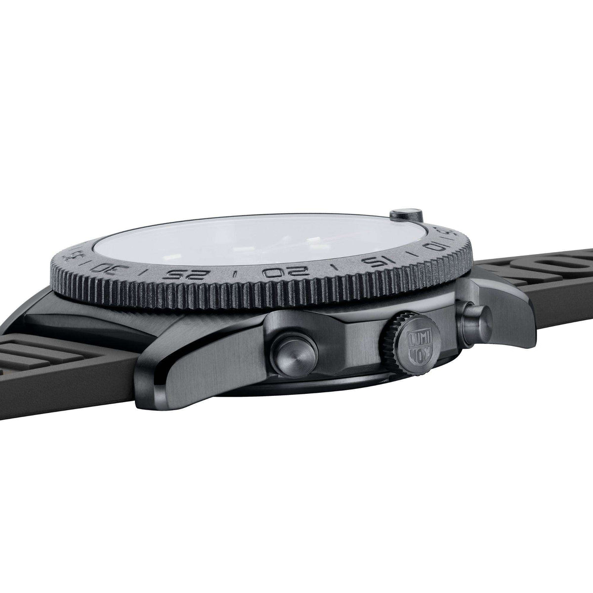 Men's black diver watch with ridged bezel and side crown, rubber strap