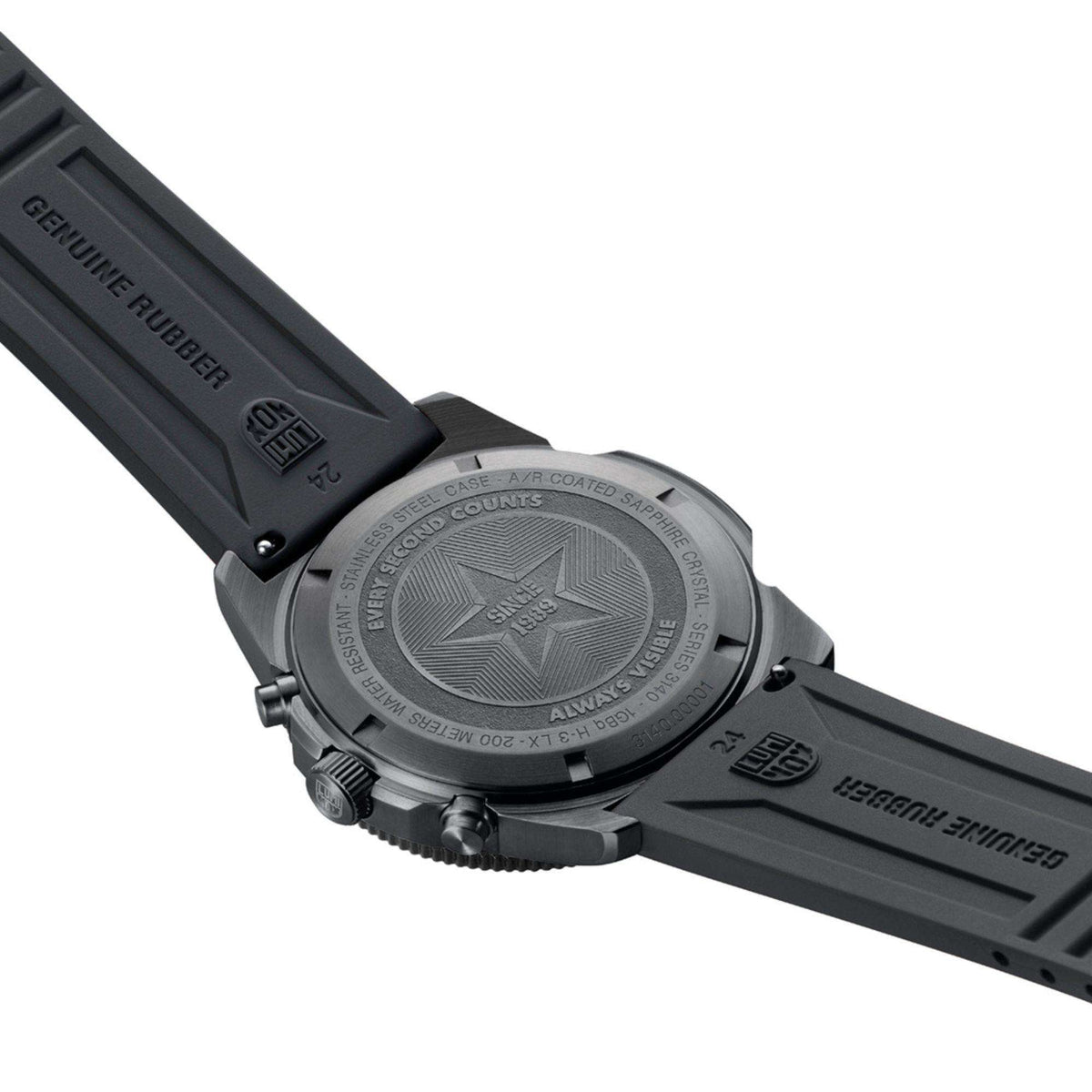 Rubber diver watch case back with engraved star and chronograph markings