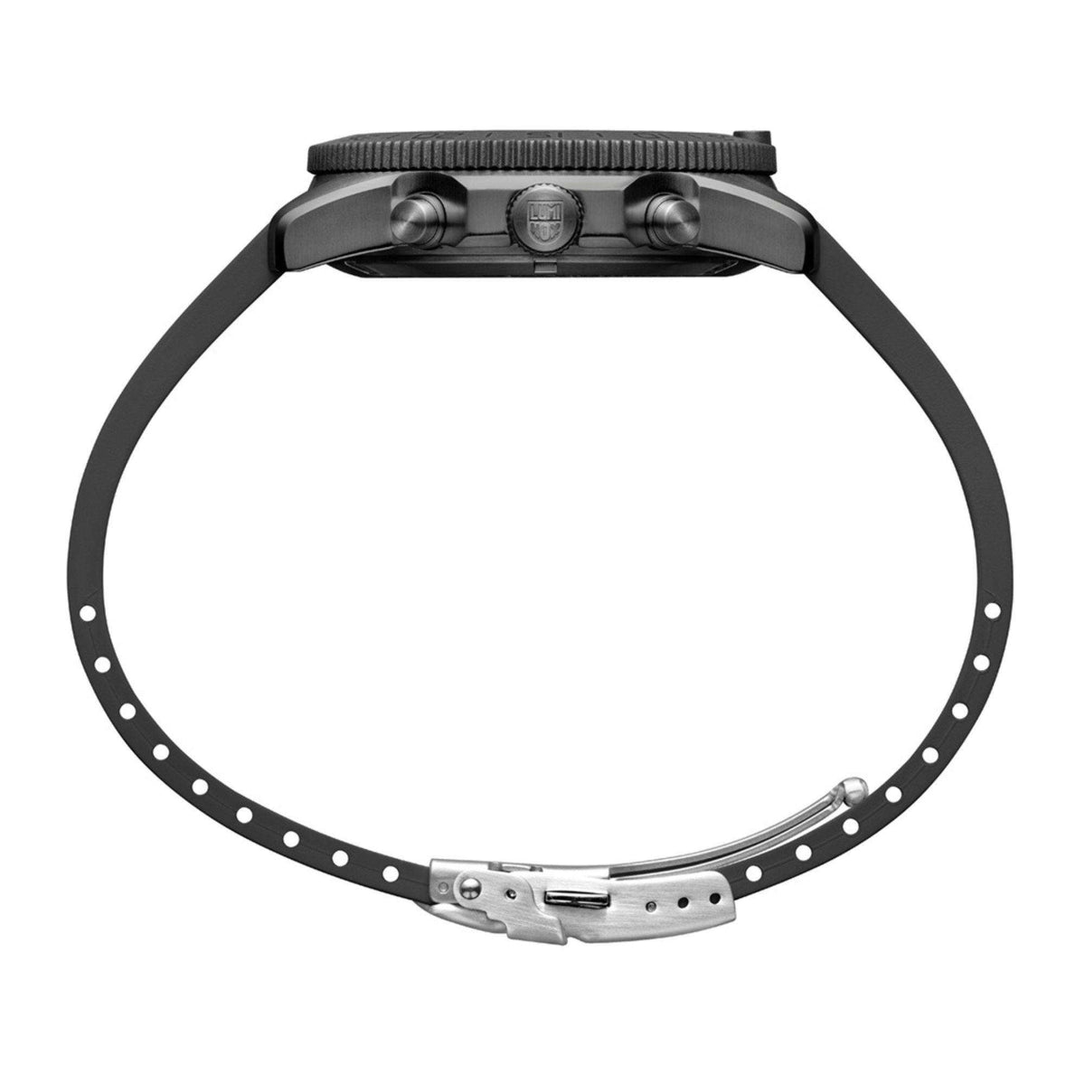 Black rubber diver watch with knurled bezel and metal buckle strap end