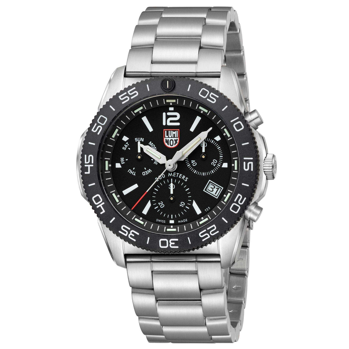 Stainless steel diver chronograph watch angled view, black dial, right-side crown, metal bracelet