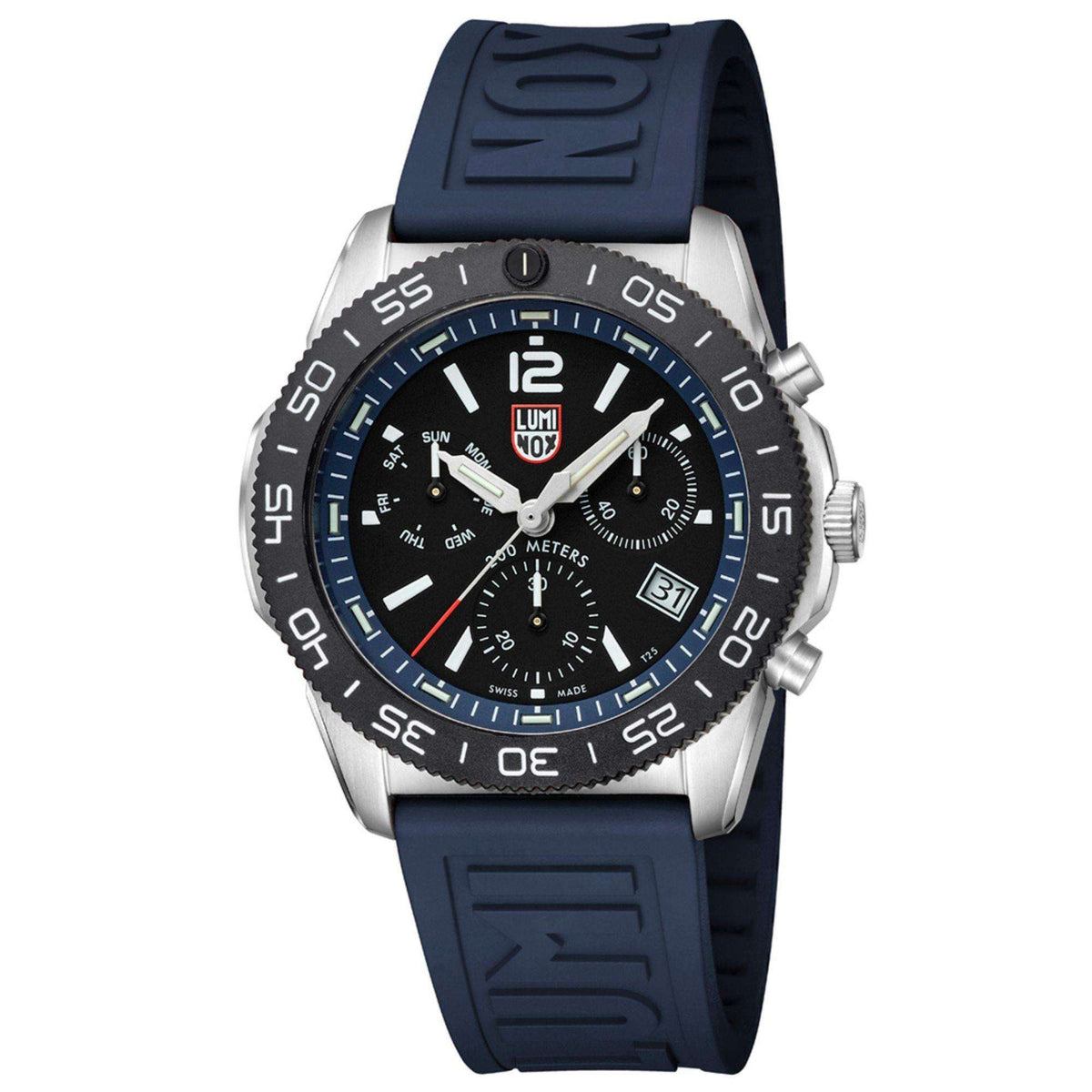 Black chronograph diver watch, blue rubber strap, black dial with date window at 31