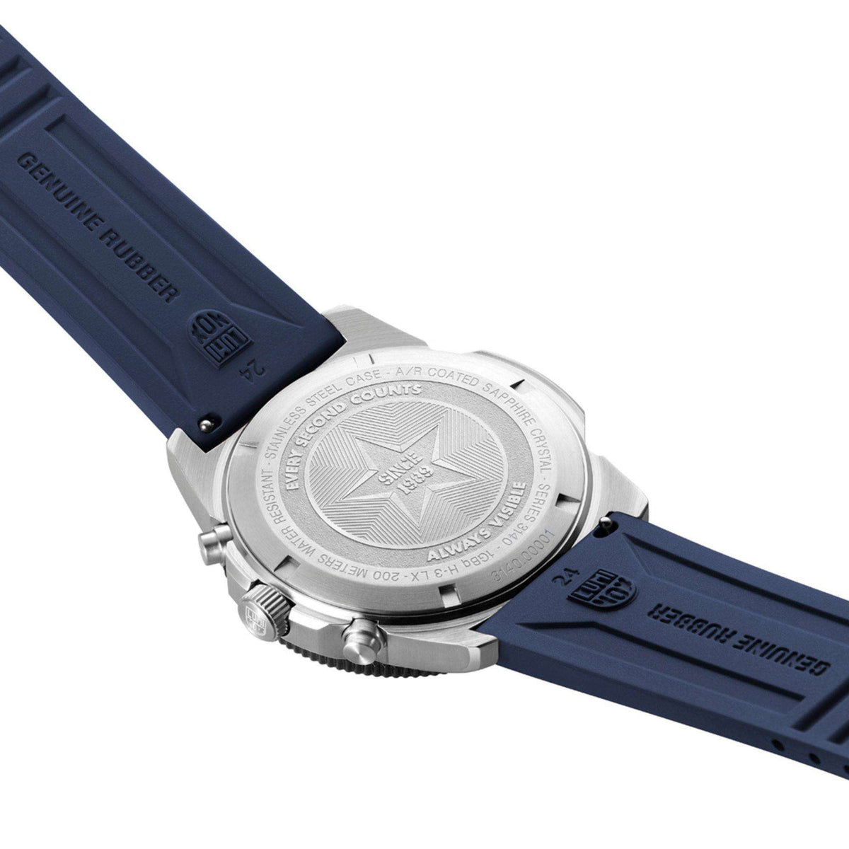 Metal caseback with engravings and blue rubber strap, screws and crown details