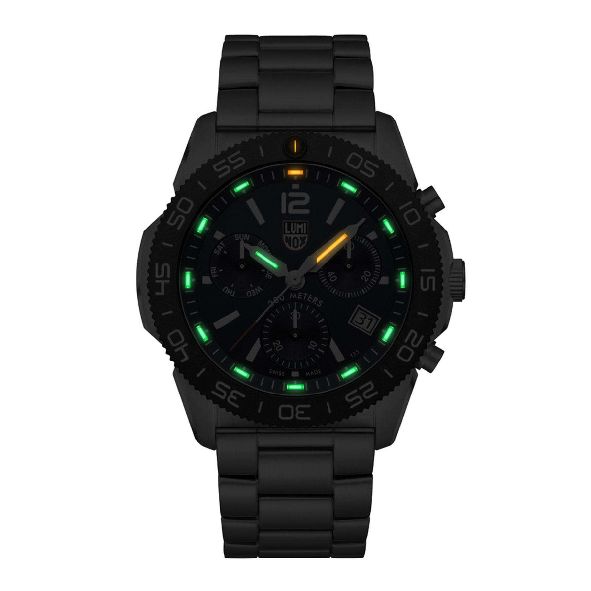 Black silicone diver watch with chronograph dial and green glow markers
