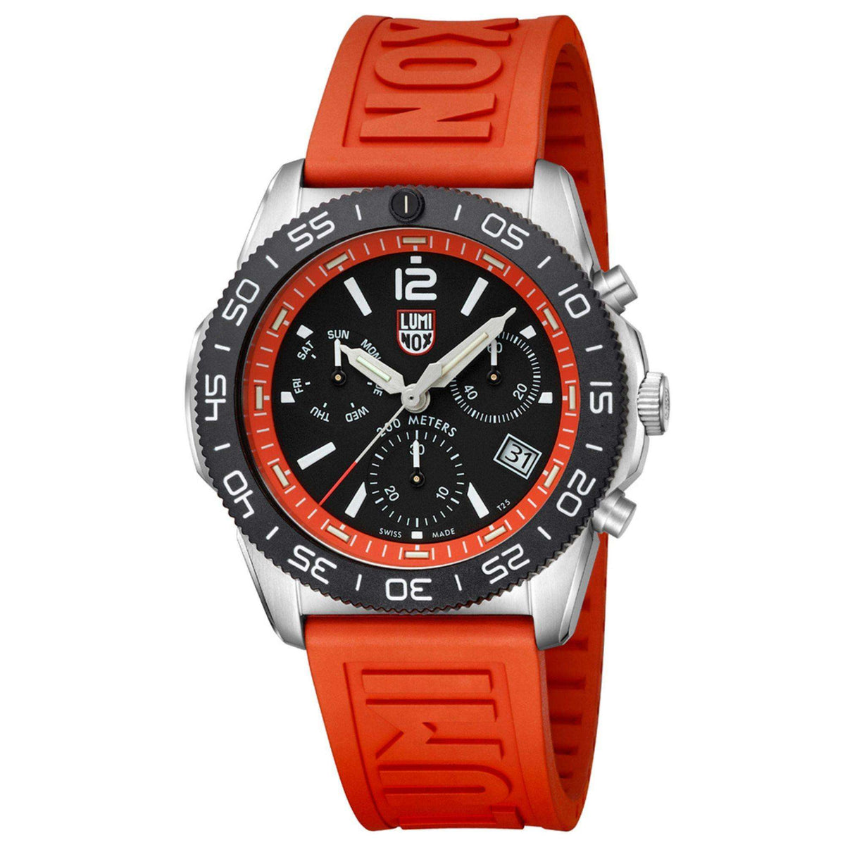 Men's diver chronograph watch with orange rubber strap and black dial with orange minute track
