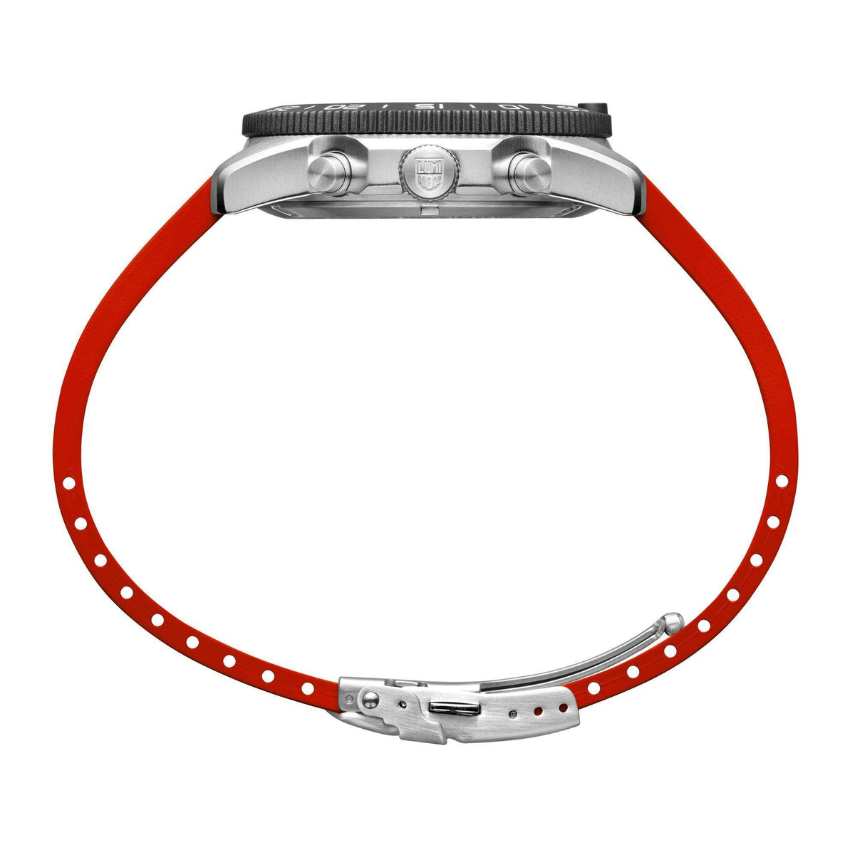 Men's diver chronograph watch with red rubber strap and metal buckle, side view