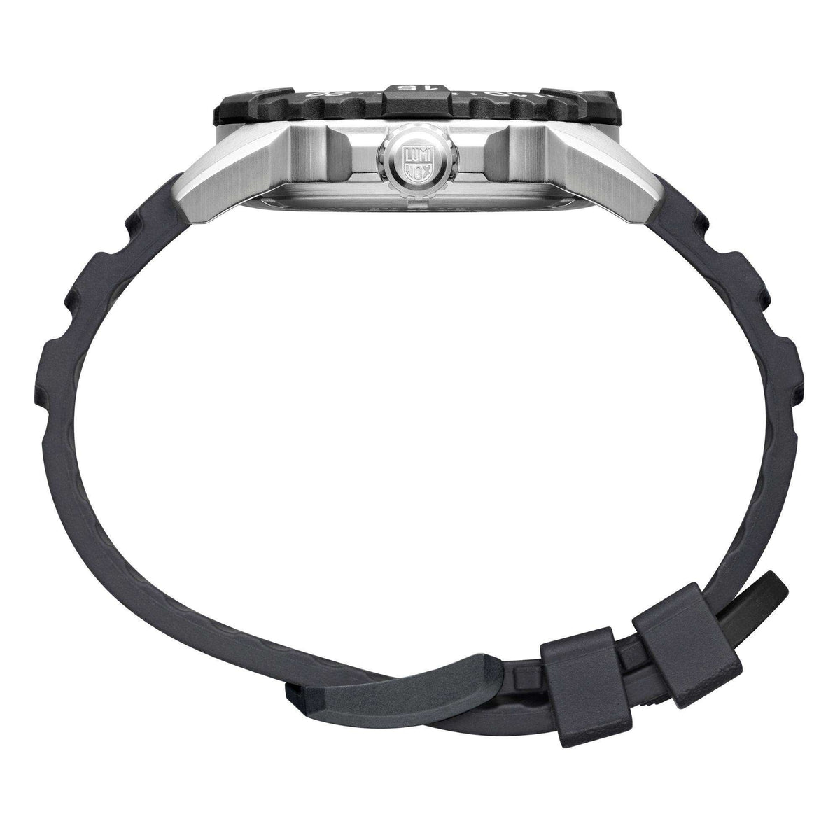 Luminox Navy SEAL XS.3251.CB side profile view showing signed crown, steel case, and black rubber strap loop