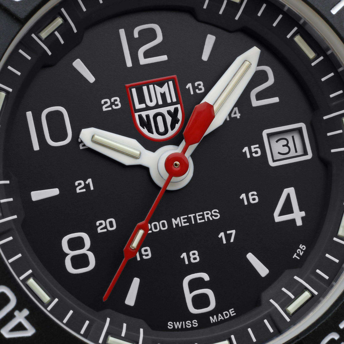 Luminox Navy SEAL XS.3251.CB close-up dial view highlighting white hands, red accent, and date window