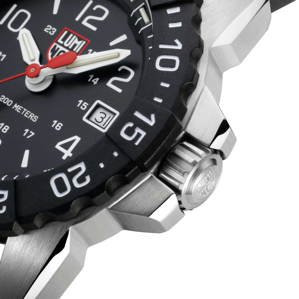 Luminox Navy SEAL XS.3251.CB close-up view showing knurled crown profile and steel case edge