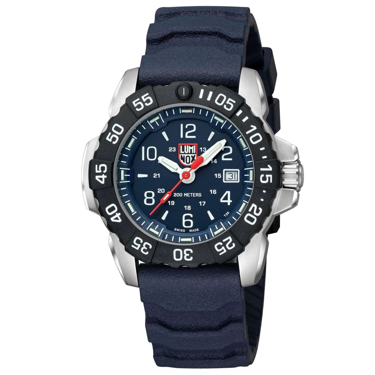 Blue dial 45mm quartz watch with red center logo, date window, and navy rubber strap