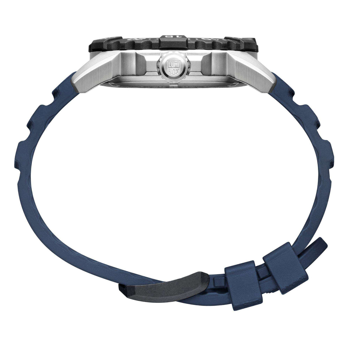 45mm quartz wristwatch with navy rubber band and rugged stainless steel bezel