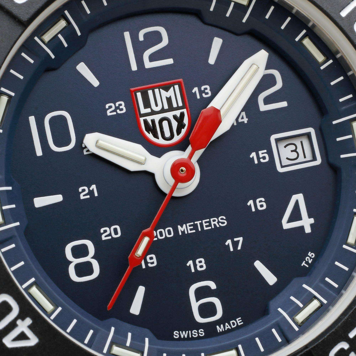 Blue dial quartz watch with red second hand, bold numerals, and date window at 3