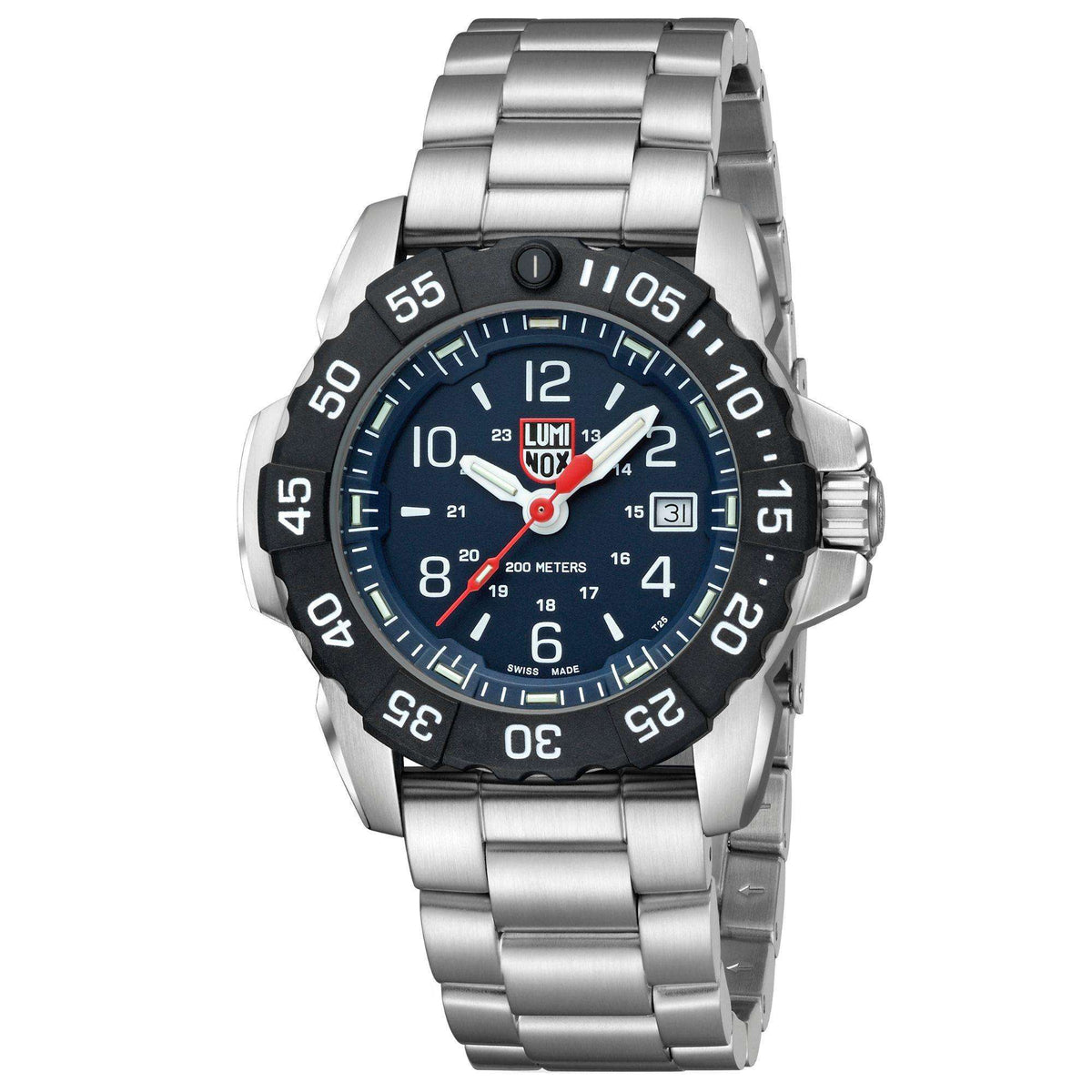 Men's steel wristwatch with dark blue dial, red seconds hand, and metal bracelet strap