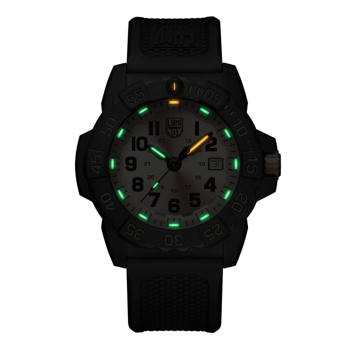 Men's dive watch with glowing green markers on dark rubber strap, cream dial