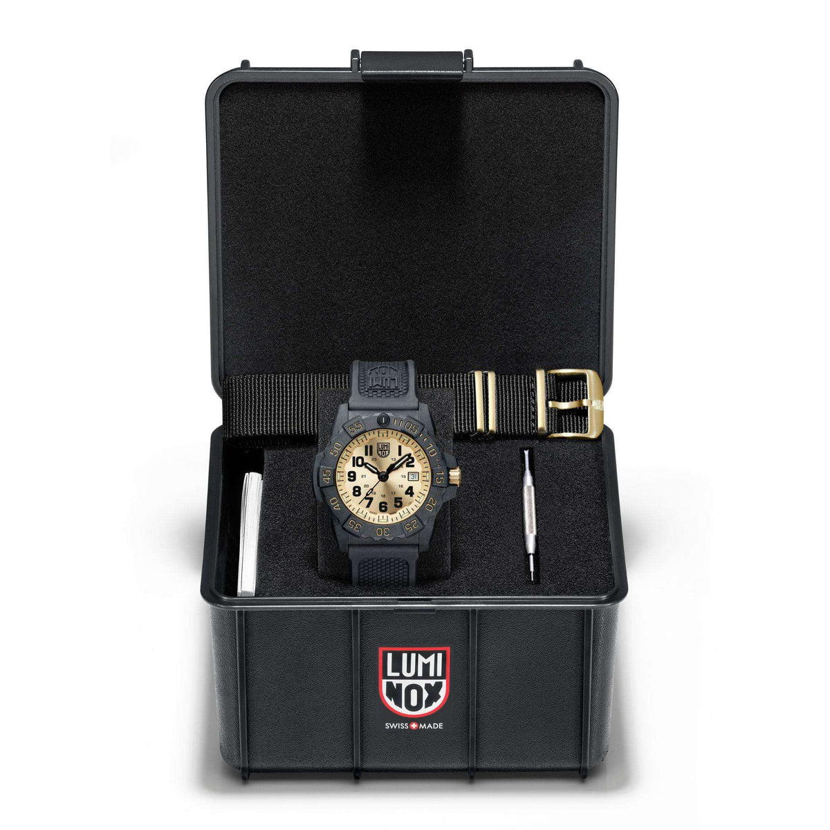 Men's Luminox watch, black rubber strap, gold bezel, yellow dial; in black case